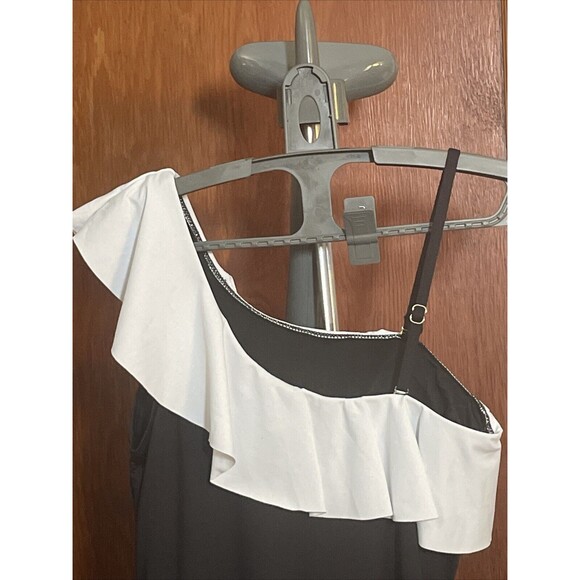 Tempt Me Womens Large Black Swimsuit One Piece One Shoulder Ruffle Black White - Picture 4 of 7